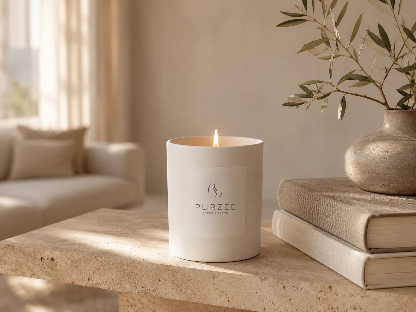 The Purzee signature candle, lit in a warm living room