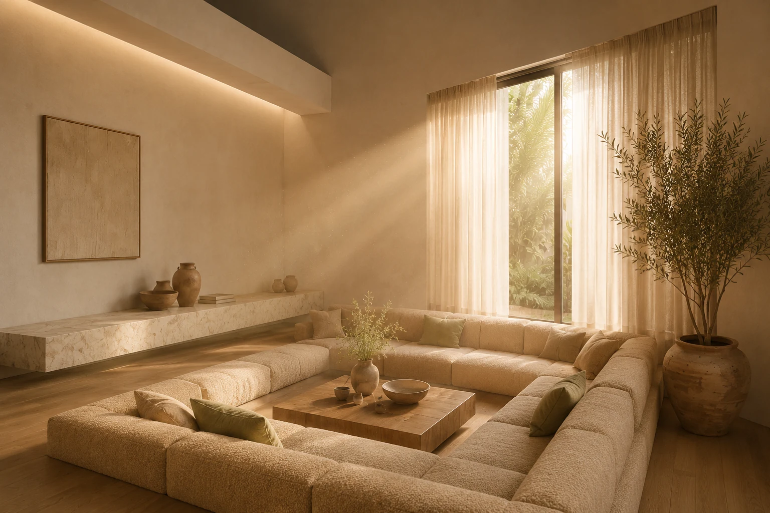 Morning light and drifting air in a tended living room
