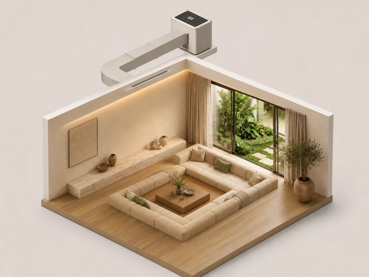 Cutaway view of a living room with a discreet diffusion system connected to the air ducts