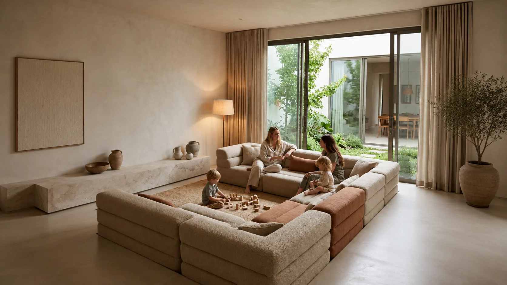 A family at ease in a continuously tended space